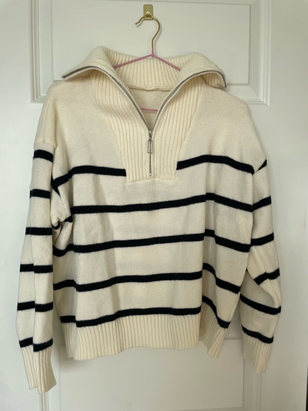 Cream and Black Striped Half-Zip Sweater